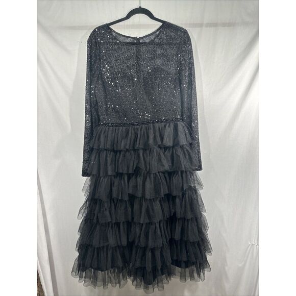 NWT‎ IEENA Mac Duggal [ 8 ] 26299 Long Sleeve Ruffle Tiered Midi Dress BLACK - Picture 6 of 10
